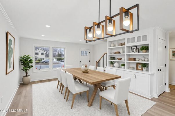 Dining room, Interior, Pendant Lights, Recessed Lighting, Wood Texture Flooring