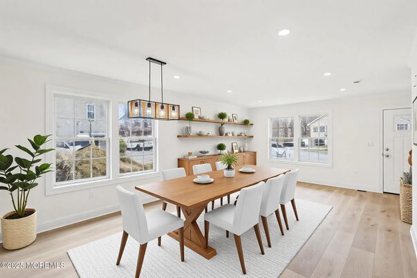 Dining room, Interior, Pendant Lights, Recessed Lighting, Wood Texture Flooring