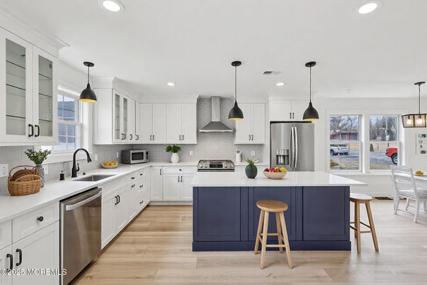 Interior, Kitchen, Pendant Lights, Recessed Lighting, Stainless Steel Appliances, Wood Texture Flooring