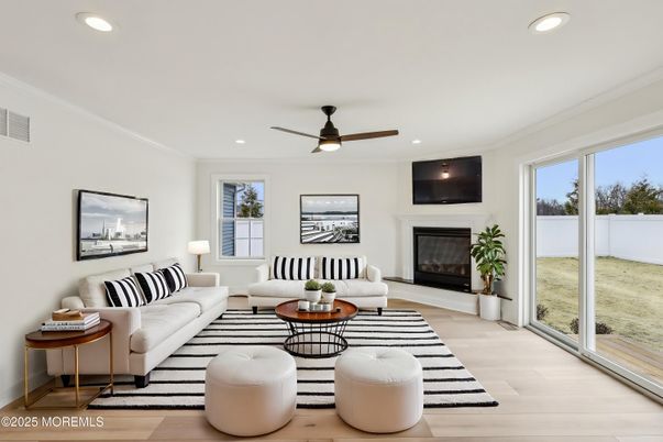 Fireplace, Interior, Living room, Recessed Lighting, Wood Texture Flooring