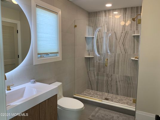 Bathroom, Glass Shower, Interior, Marble Walls, Recessed Lighting