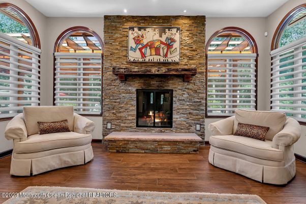 Fireplace, Interior, Recessed Lighting, Stone Walls, Wood Texture Flooring