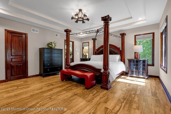 Bedroom, Chandelier, Interior, Recessed Lighting, Wood Texture Flooring