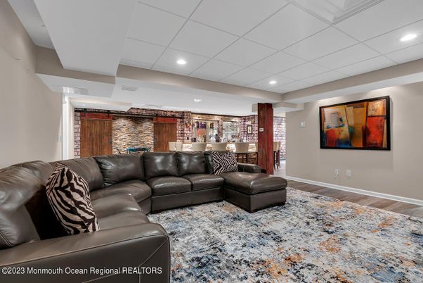 Interior, Living room, Recessed Lighting, Stone Walls, Wood Texture Flooring