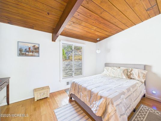 Bedroom, Interior, Pendant Lights, Wooden Beams, Wooden Ceilings, Wood Texture Flooring