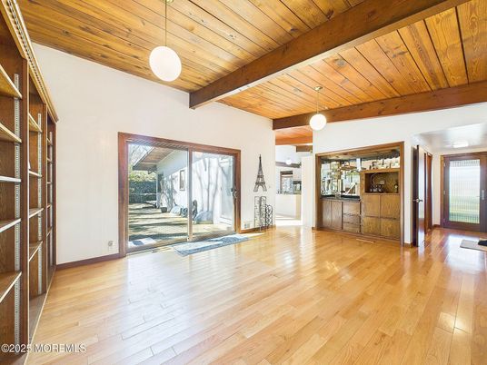 Empty room, Interior, Pendant Lights, Wooden Beams, Wooden Ceilings, Wood Texture Flooring