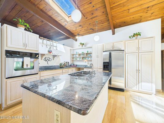 Interior, Kitchen, Pendant Lights, Stainless Steel Appliances, Wooden Beams, Wooden Ceilings, Wood Texture Flooring