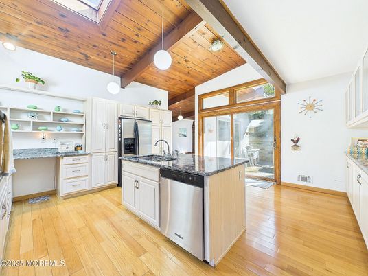 Interior, Kitchen, Pendant Lights, Stainless Steel Appliances, Wooden Ceilings, Wood Texture Flooring