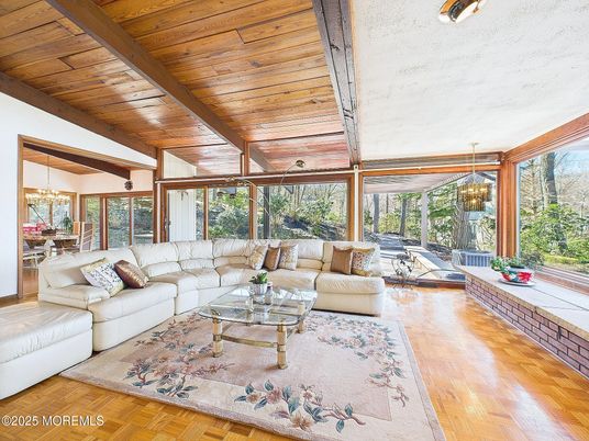 Chandelier, Dining room, Interior, Living room, Pendant Lights, Wooden Beams, Wooden Ceilings, Wood Texture Flooring