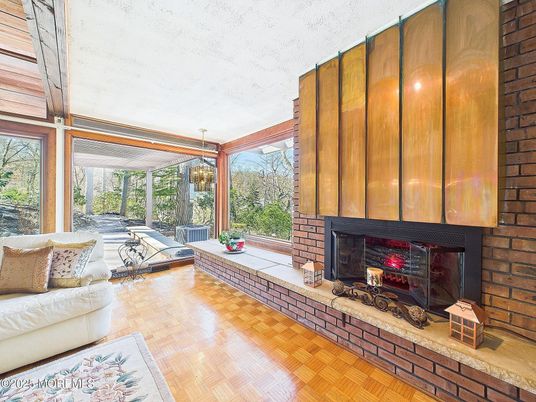 Fireplace, Interior, Sun Room, Wood Texture Flooring