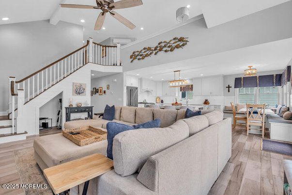 Chandelier, Dining room, Interior, Kitchen, Living room, Pendant Lights, Recessed Lighting, Wood Texture Flooring