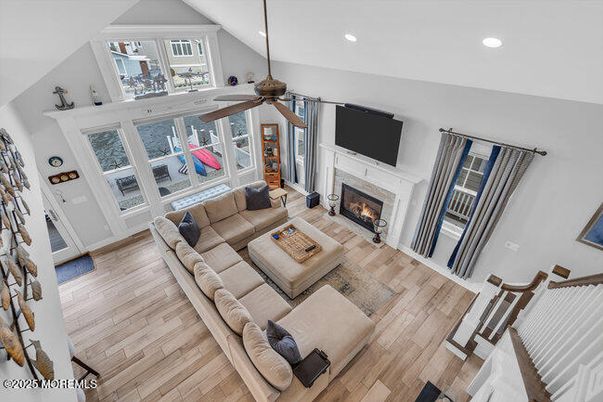 Fireplace, Interior, Living room, Recessed Lighting, Wood Texture Flooring