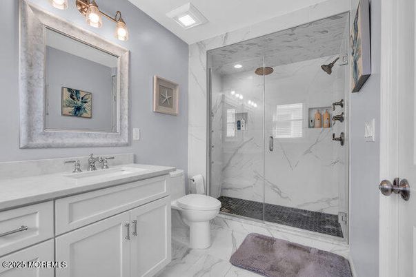 Bathroom, Glass Shower, Interior, Marble, Marble Walls, Recessed Lighting