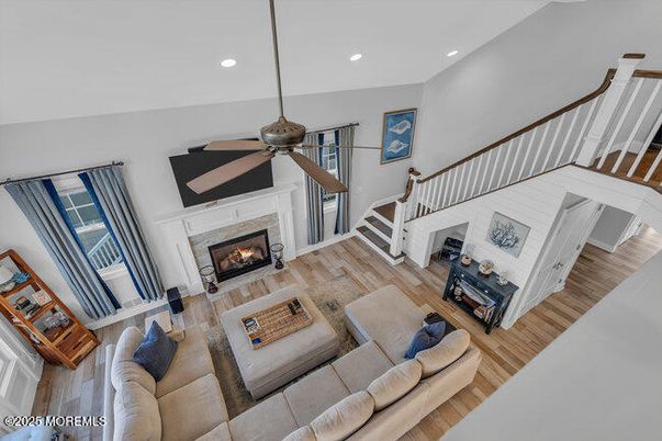 Fireplace, Interior, Living room, Recessed Lighting, Wood Texture Flooring
