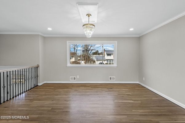 Chandelier, Empty room, Interior, Recessed Lighting, Wood Texture Flooring