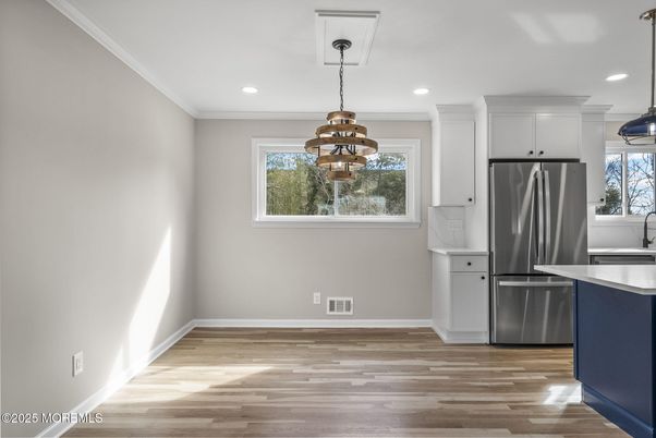 Interior, Kitchen, Pendant Lights, Recessed Lighting, Stainless Steel Appliances, Wood Texture Flooring