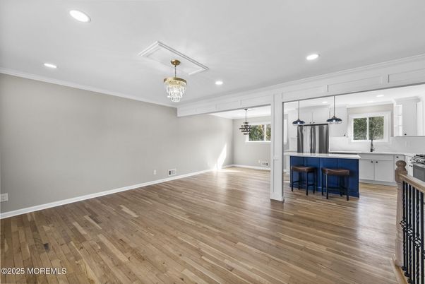 Chandelier, Empty room, Interior, Kitchen, Pendant Lights, Recessed Lighting, Wood Texture Flooring
