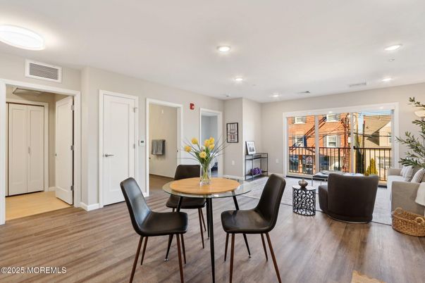 Dining room, Interior, Living room, Recessed Lighting, Wood Texture Flooring