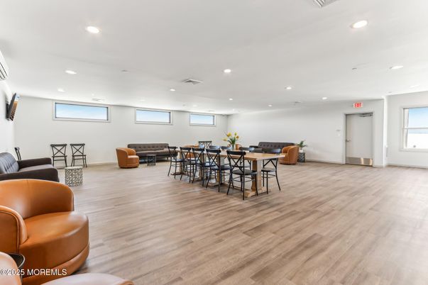 Dining room, Interior, Living room, Recessed Lighting, Wood Texture Flooring