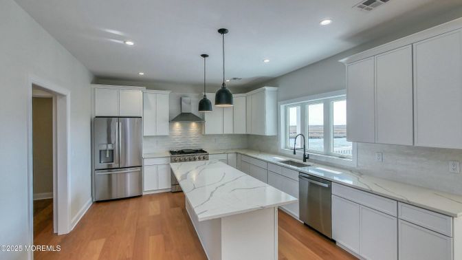Interior, Kitchen, Pendant Lights, Recessed Lighting, Stainless Steel Appliances, Wood Texture Flooring