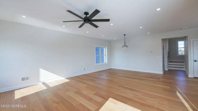 Empty room, Interior, Pendant Lights, Recessed Lighting, Wood Texture Flooring