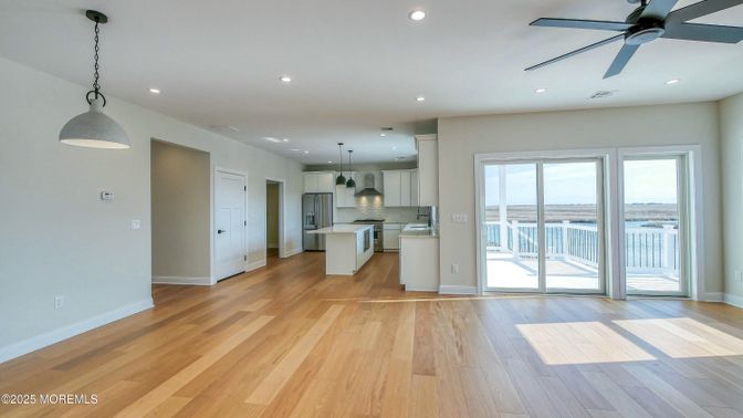 Empty room, Interior, Kitchen, Pendant Lights, Recessed Lighting, Wood Texture Flooring