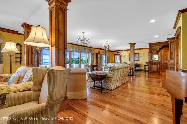 Chandelier, Interior, Living room, Recessed Lighting, Wood Texture Flooring