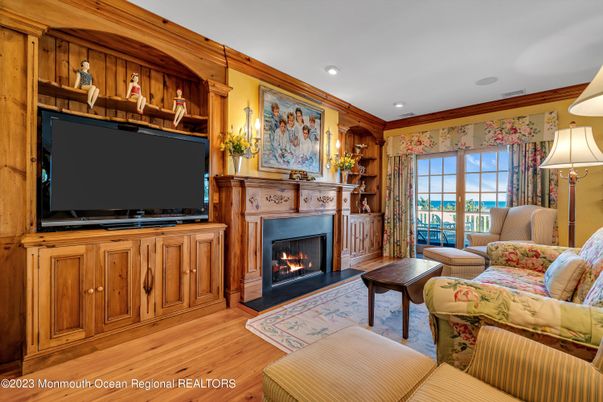 Fireplace, Interior, Living room, Recessed Lighting, Wood Texture Flooring, Wooden Walls