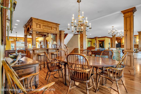 Chandelier, Dining room, Interior, Recessed Lighting, Wood Texture Flooring