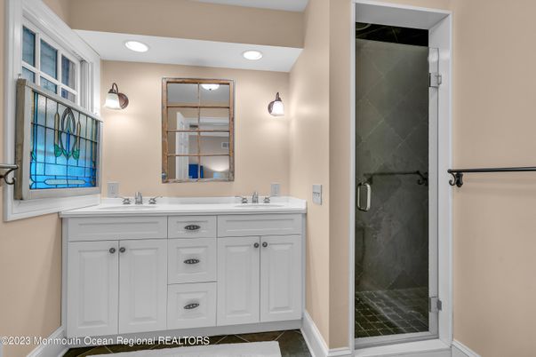 Bathroom, Dual Sink Vanities, Glass Shower, Interior, Recessed Lighting
