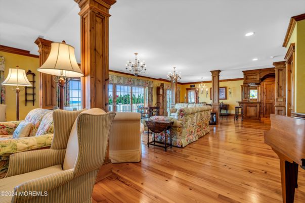 Chandelier, Interior, Living room, Recessed Lighting, Wood Texture Flooring
