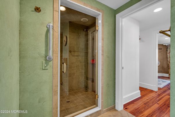 Bathroom, Glass Shower, Interior, Recessed Lighting, Wood Texture Flooring