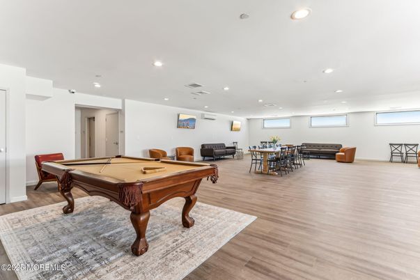 Billiard Table, Dining room, Game Room, Interior, Recessed Lighting, Wood Texture Flooring