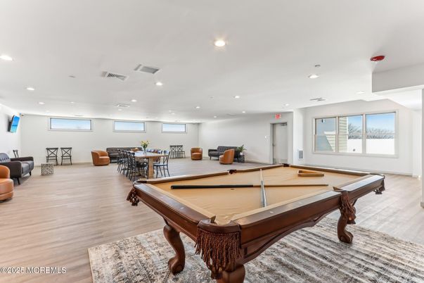 Billiard Table, Game Room, Interior, Recessed Lighting, Wood Texture Flooring