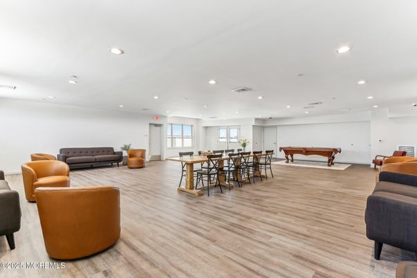 Billiard Table, Dining room, Game Room, Interior, Recessed Lighting, Wood Texture Flooring