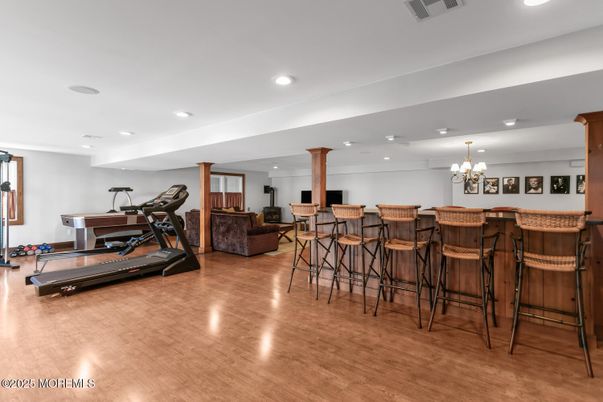 Chandelier, Fitness Equipment, Interior, Recessed Lighting, Wood Texture Flooring