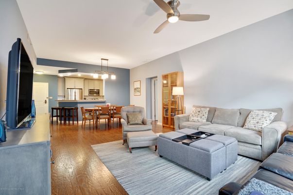Dining room, Interior, Kitchen, Living room, Pendant Lights, Stainless Steel Appliances, Wood Texture Flooring