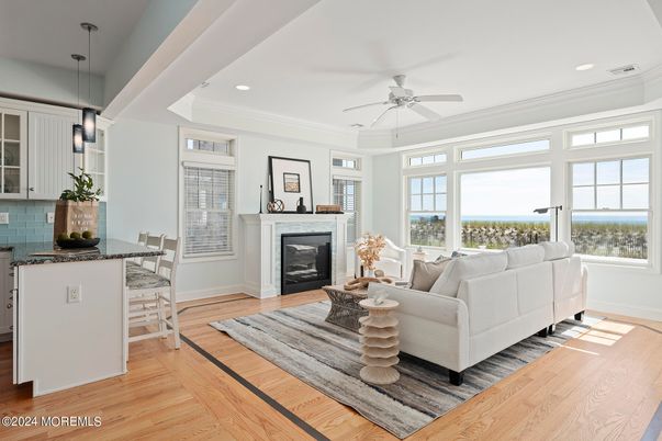 Fireplace, Interior, Living room, Pendant Lights, Recessed Lighting, Wood Texture Flooring