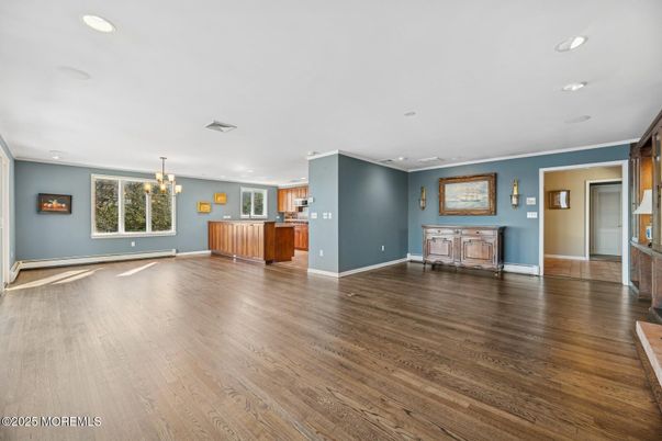 Chandelier, Empty room, Interior, Kitchen, Recessed Lighting, Wood Texture Flooring