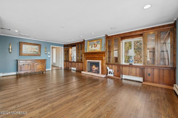 Empty room, Fireplace, Interior, Recessed Lighting, Wood Texture Flooring, Wooden Walls