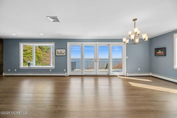 Chandelier, Empty room, Interior, Recessed Lighting, Wood Texture Flooring