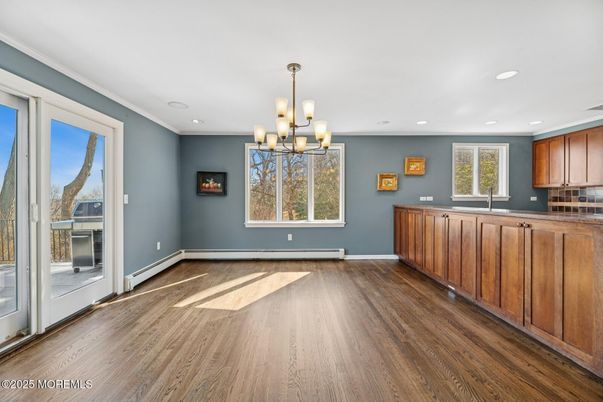 Chandelier, Empty room, Interior, Recessed Lighting, Wood Texture Flooring
