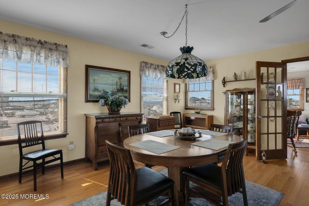 Dining room, Interior, Pendant Lights, Wood Texture Flooring