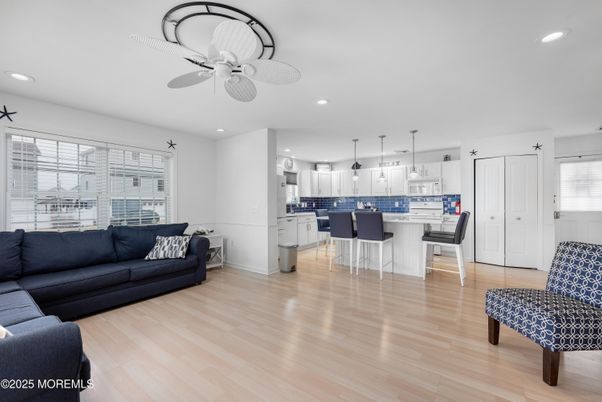 Dining room, Interior, Kitchen, Living room, Recessed Lighting, Wood Texture Flooring