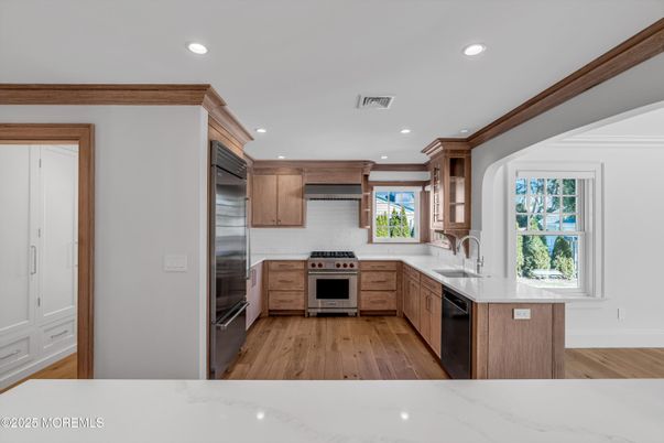 Interior, Kitchen, Recessed Lighting, Stainless Steel Appliances, Wood Texture Flooring