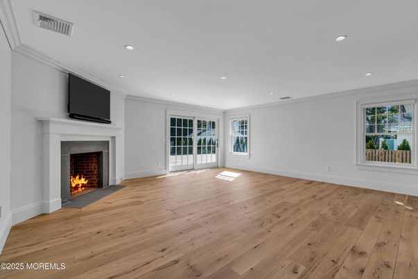 Empty room, Fireplace, Interior, Recessed Lighting, Wood Texture Flooring