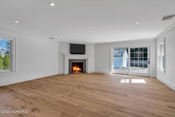 Empty room, Fireplace, Interior, Recessed Lighting, Wood Texture Flooring