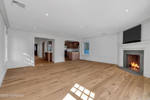 Empty room, Fireplace, Interior, Recessed Lighting, Wood Texture Flooring