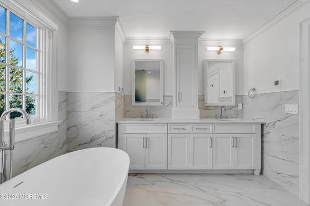 Bathroom, Dual Sink Vanities, Free Standing Baths, Interior, Marble, Marble Walls, Recessed Lighting