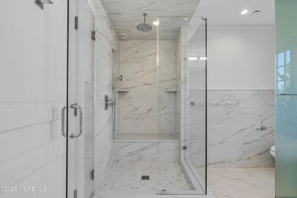 Bathroom, Glass Shower, Interior, Marble, Marble Walls, Recessed Lighting